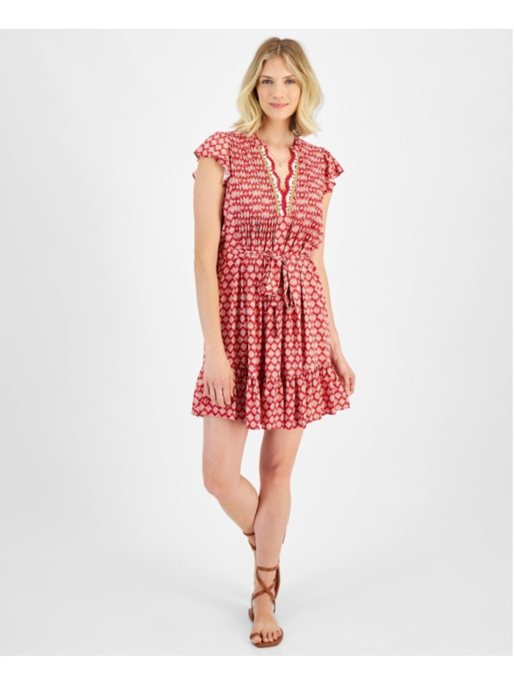 Nautica Jeans Women's XL Red Crochet-Trim Flutter-Sleeve Mini Dress NWT
